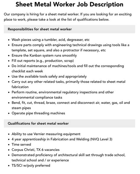 sheet metal job description for resume|sheet metal welder job description.